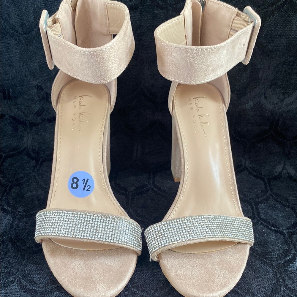 Beige Heeled Sandals with Rhinestone Strap